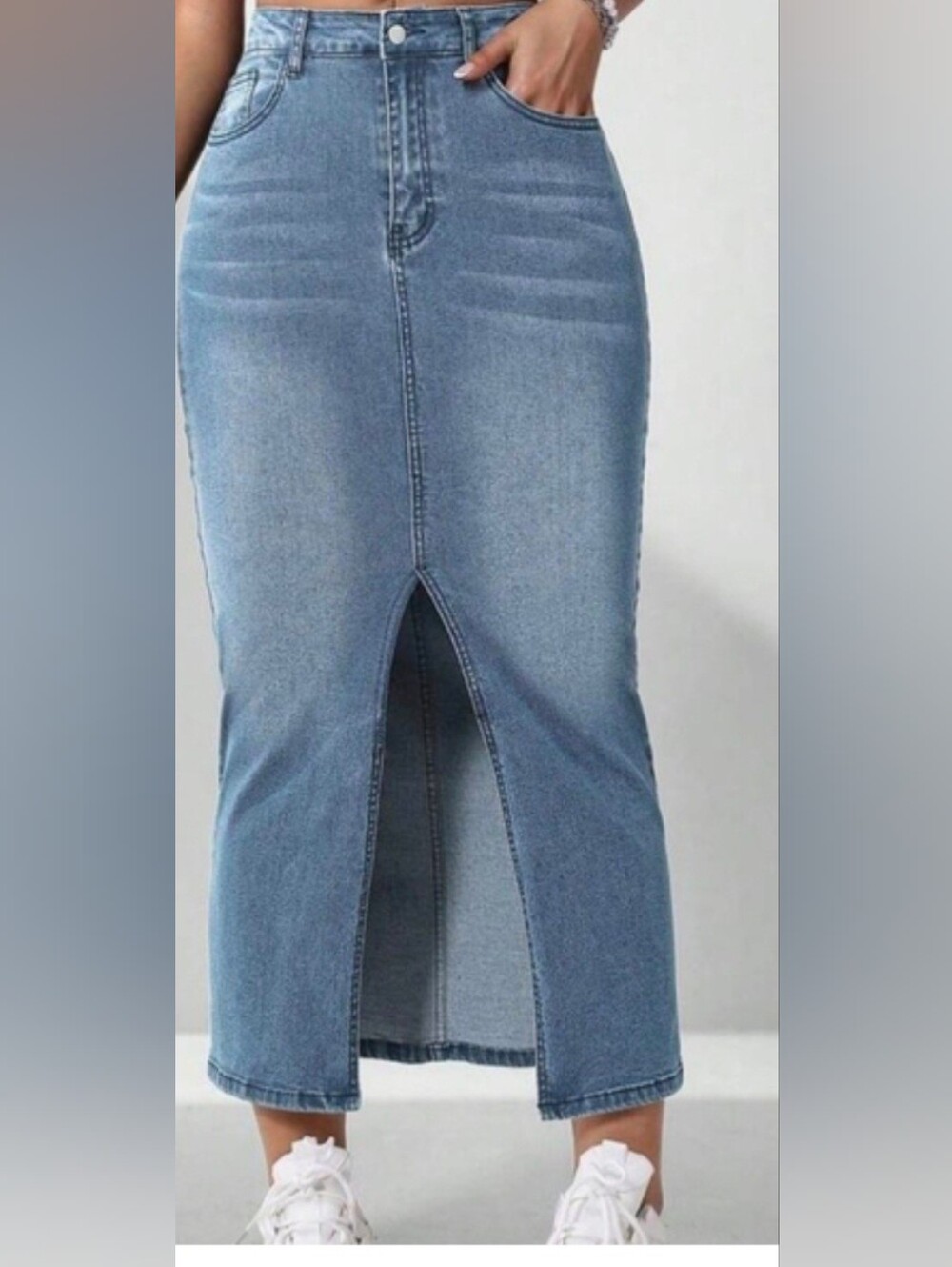SHEIN Petite Light Blue Denim Front-Slit Maxi Skirt